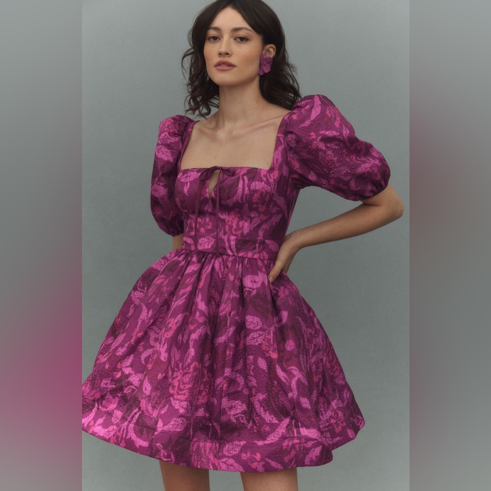 Chloe Puff-Sleeve Square-Neck Jacquard Mini Dress NWT